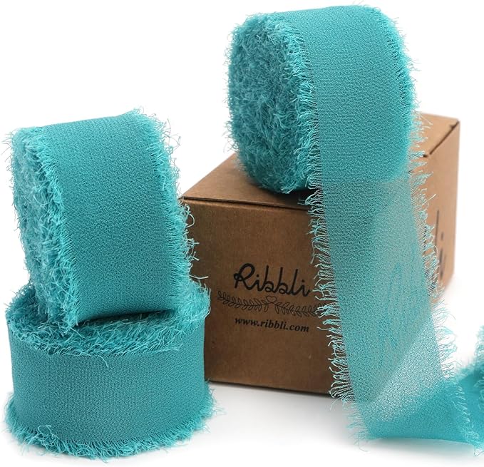 Ribbli Teal Ribbon 1 Inch x 3 Rolls Total 24 Yards Green Handmade Fringe Chiffon Silk Ribbon for Wrapping Wedding Invitations Bridal Bouquets DIY Crafts Home Decor