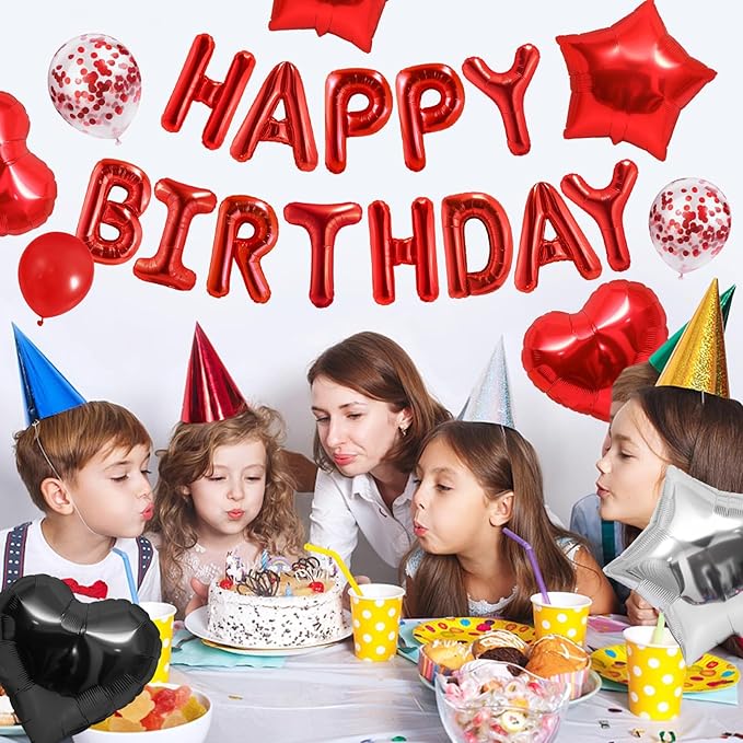CANREVEL Happy Birthday Balloons Banner 16 Inch Mylar Foil Letters with Star & Heart Balloons Birthday Party Decorations for Men and Women - 30 Pcs Red
