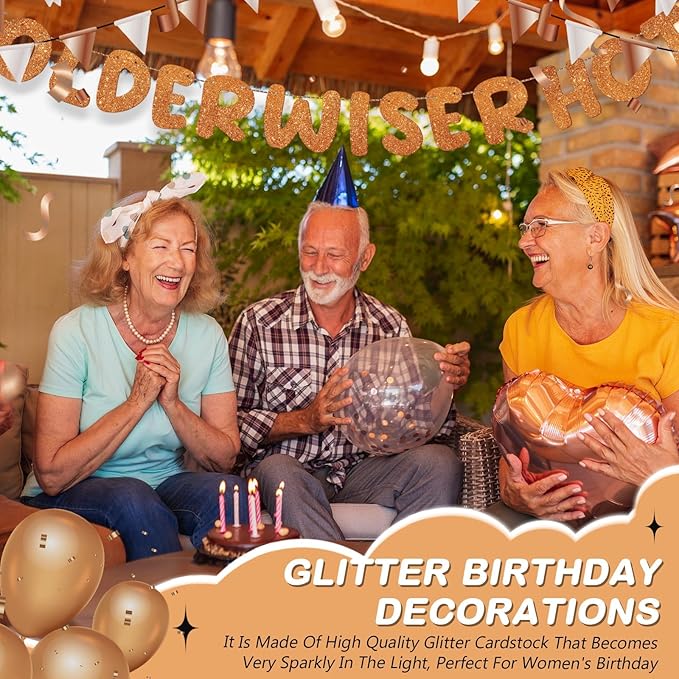 Fulmoon Set of 3 Pre Strung Older Wiser Hotter Glitter Banner Funny Birthday Banner for Women 30th 40th 50th 60th 70th 80th Birthday Party Decorations Sign Gift(Orange)
