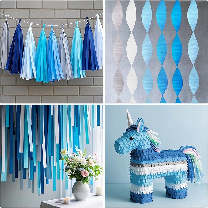 Blue and White Streamers, 2.2" x 123 Ft, 6 Rolls Crepe Paper Streamers Party Supplies for Under The Sea Shark Ocean Themed Birthday Baby Shower Wedding Graduation Decorations, DIY Crafts