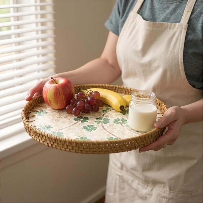 Round Rattan Tray with Mother of Pearl Inlay, Handwoven Wicker Coffee Table Serving Basket Tray for Fruit Snack Party Picnic Cafe Bedroom Kitchen Home Decor Set of 2 (Four Leaf Clover)
