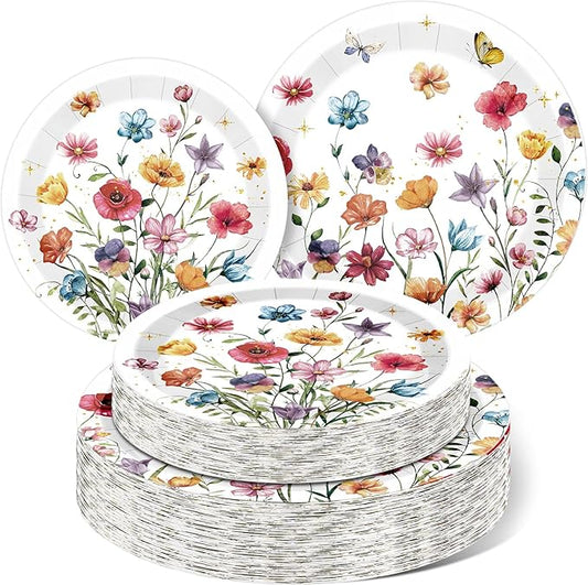 Funnymoom 60 Pcs Spring Wildflower Paper Plates 9 in and 7 in Floral Party Decorations Butterfly Plates Wild Floral Disposable Dinner Tableware for Baby Shower Wedding Tea Summer Birthday Supplies