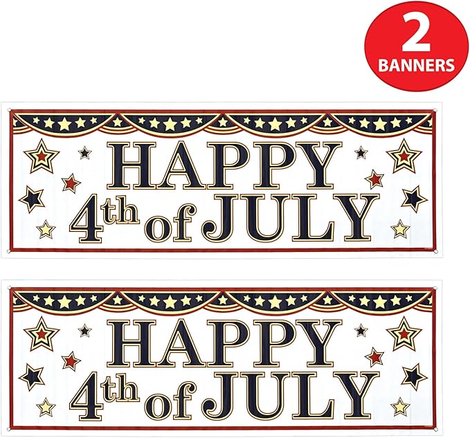 Beistle Happy 4th of July Sign Banners, 21” x 5’, 2 Pack – Summer Patriotic Holiday Welcoming Party Supplies with Stars, Independence Day Decorations for Indoors & Outdoors