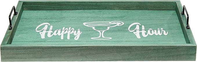 Elegant Designs HG2000-AHH Margarita Drinks Lime Bar Kitchen Wetbar Decorative Wood Serving Tray w/Handles, 15.50” x 12”, Aqua Wash Happy Hour