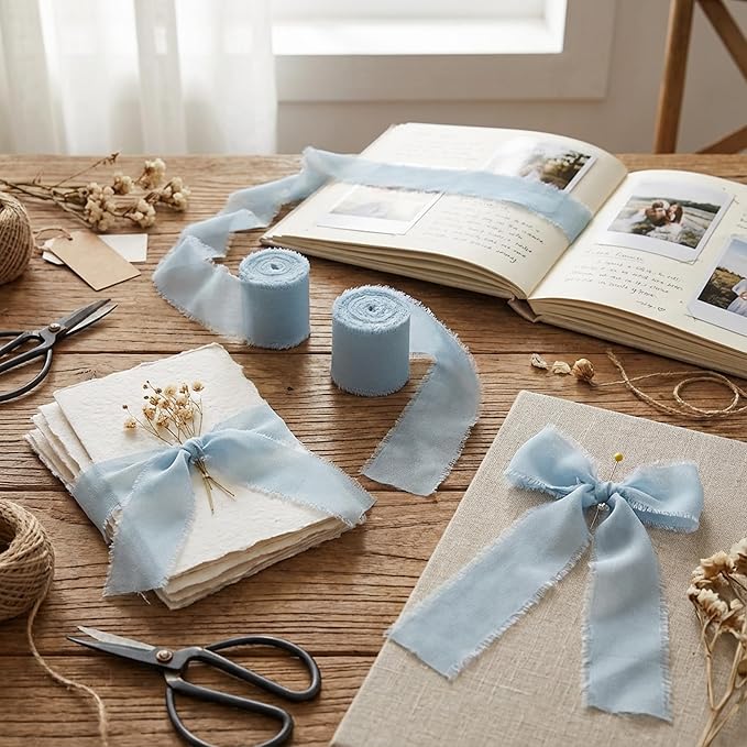 Handmade Chiffon Ribbon 1.5 Inch Wide, 3 Rolls 21 Yards — Sky Blue Frayed Edge Fabric Ribbon for Wedding Styling, Floral Tying, Gift Wrapping & Home Decor(Sky Blue)