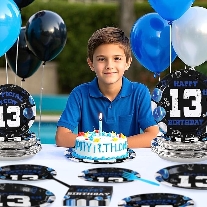 Grencian 96Pcs 13th Birthday Decorations for Boys Blue Black 13th Birthday Party Plates Disposable Official Teen 13 Tableware for Teen Boys Girls Happy 13 Year Old Party, Serves 24