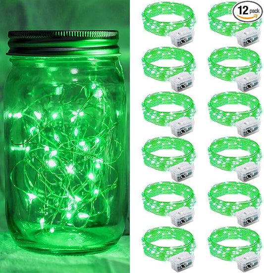 12 Pack Green Fairy Lights 7Ft 20 LED Twinkle String Lights 3 Modes Battery Operated Waterproof Firefly Starry for Mason Jar Table Centerpieces Halloween Christmas St. Patrick's Day