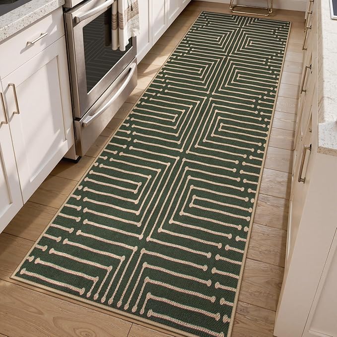 Lahome Maze Lines Easy Jute Kitchen Runner Rug, 2x8 Washable Hallway Runner Rug, Non Slip Green Indoor Outdoor Rugs for Entryway, Nature Front Door Carpet for Laundry Entry