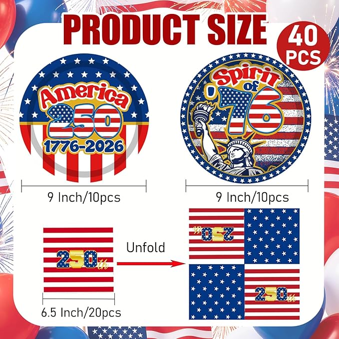 40Pcs Patriotic 4th of July Paper Plates and Napkins Set, 9 Inch Disposable Paper Plates Napkins, Red White Blue American Flag Tableware Supplies for Independence Day, Memorial Day Party Decor