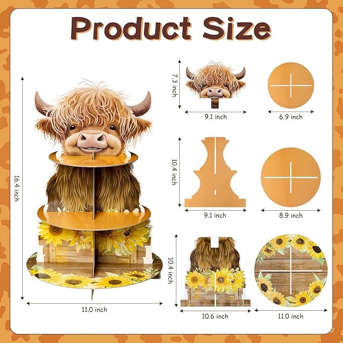 3 Tiers Highland Cow Cupcake Stand Baby Highland Cow Birthday Party Cardboard Cupcake Holder Decorations Sunflower Party Dessert Tower Animals Party Supplies for Kids Highland Cow Themed Baby Shower