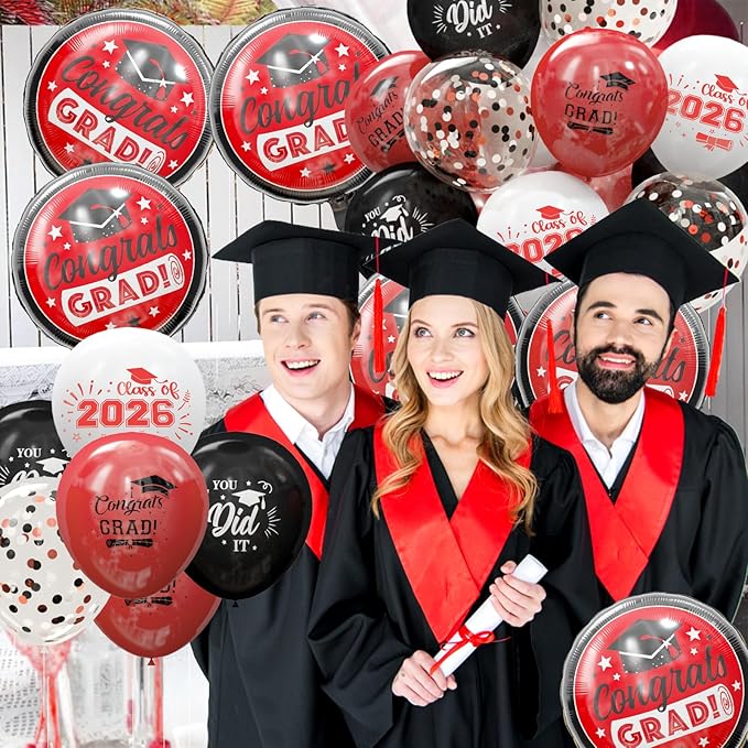 GuassLee Graduation Black and Red Balloons 2026 - Grad Latex Confetti Balloons with Congrats Grad Foil Balloons for Graduation Party Decorations Supplies, 60Pcs