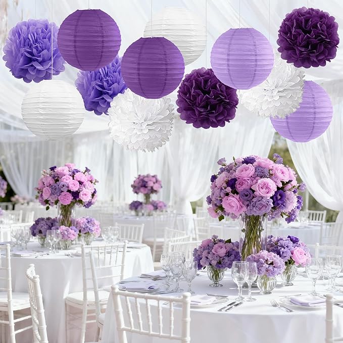 BEISHIDA Purple White Tissue Hanging Paper Flowers Lanterns Party Decorations Set for Birthday Graduation Baby Shower Bridal Bachelorette Wedding Photo Booth Backdrops Party Supplies(18 Packs)