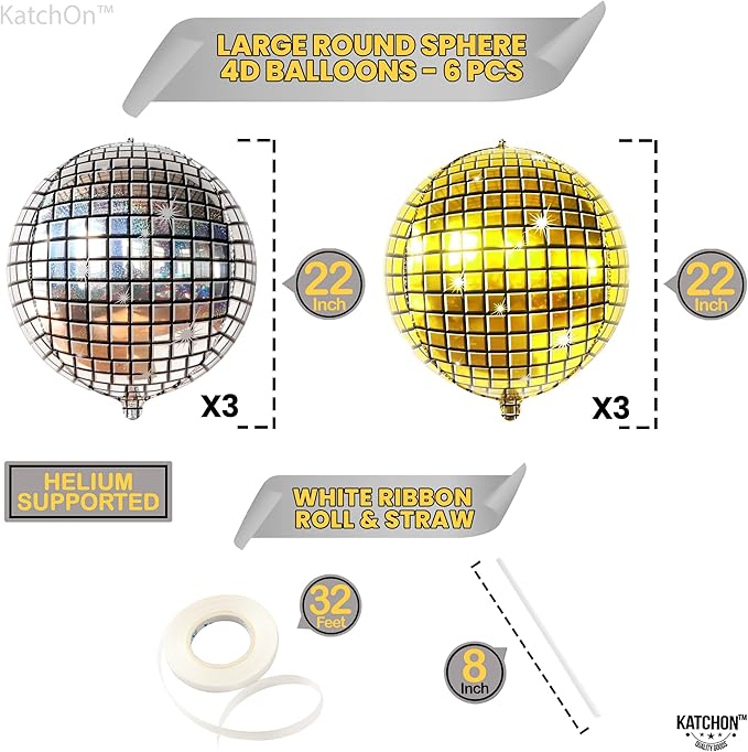 KatchOn, Large Gold and Silver Disco Ball Balloons - 22 Inch, Pack of 6 | 4D Sphere Disco Balloons for Disco Party Decorations, Bachelorette Party Decorations | New Years Decorations 2026