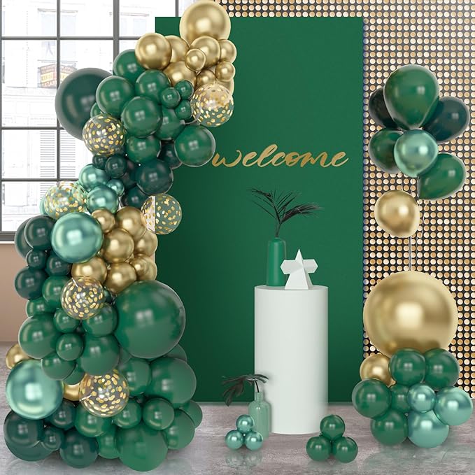 Amandir 153pcs Green and Gold Balloon Garland Arch Kit, Different Sizes 18 12 10 5 inch Green Latex Metallic Confetti Balloons Graduation Birthday Anniversary Safari Party Decoration Supplies