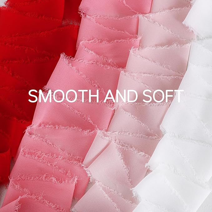 TONIFUL 4 Rolls Silk Chiffon Ribbon 1-1/2 Inch x 22 Yards Red Pink and White Handmade Fringe Valentine Ribbon Set for Gift Wrapping Bridal Bouquets Crafts Wedding Valentines Decoration