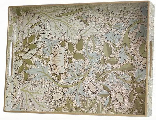 William Morris-Style Serving Tray with Handles - 15.7" x 11.8" Floral Pattern Decorative Platter for Coffee Table, Ottoman & Breakfast in Bed - Sturdy Plastic Rectangular Tray