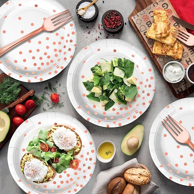 White and Rose Gold Paper Plates and Napkins Party Supplies-50 x 7''Dessert Plates & 50 x 6.5''Napkins & 50 x 7.3''Forks,Disposable Paper Tableware Set for Birthday,Wedding,Bridal Shower,Anniversary