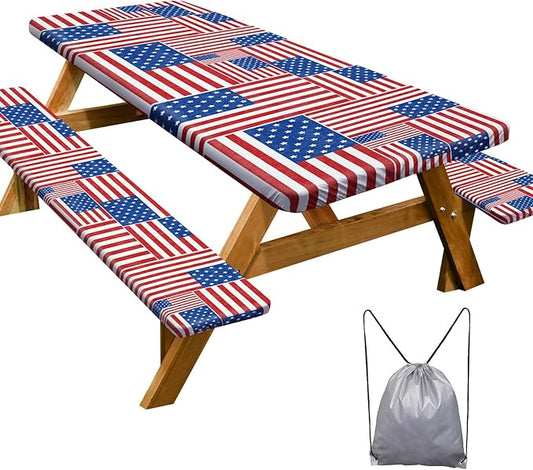 Picnic Table Cover with Bench Covers Camping Essentials Waterproof Windproof Camping Tablecloth with Drawstring Bag, Fitted Rectangle Tables and Seats, 60in, Red Blue White