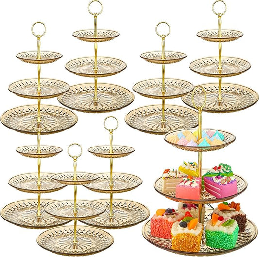 Patelai 8 Packs 3 Tier Crystal Acrylic Clear Cake Stand with Gold Round Holder Acrylic Cupcake Stand Holder for Home Wedding Holiday Birthday Baby Shower Tea Party (Clear Amber)