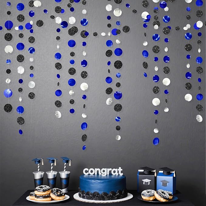 46Ft Navy Blue Black Silver Circle Dots Garland Royal Blue Black Polka Dots Streamer for Birthday Graduations Wedding Bridal Baby Shower Nautical Ahoy Achor Pirate Theme Party Decorations Supplies