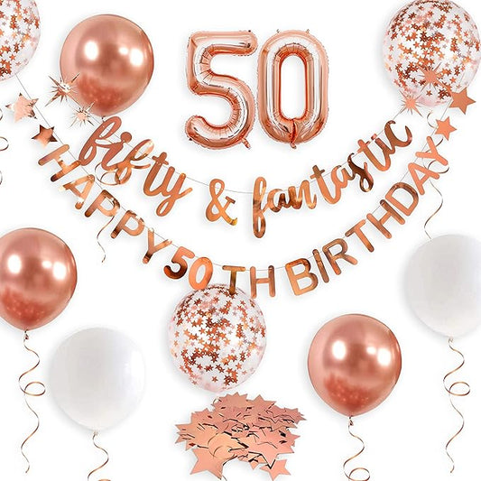Fifty & Fantastic Rose Gold 50th Birthday Banner, Garland, Foil Balloon, Decorations, Hanging, Cheers to 50 Years Old Party Supplies Backdrop