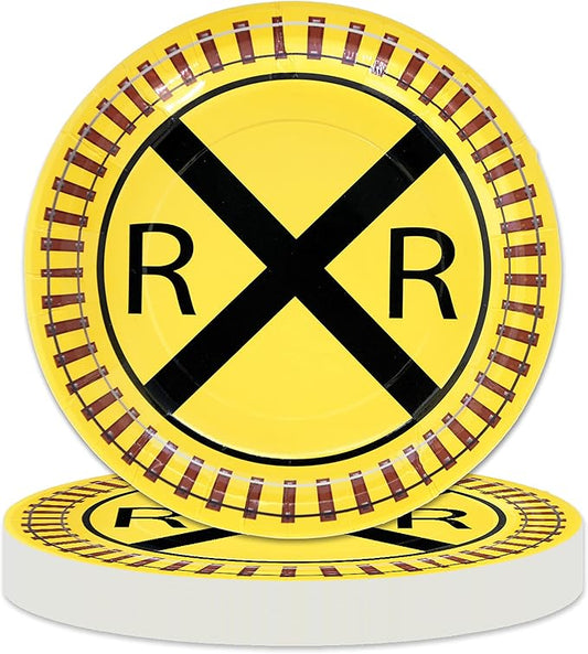 Havercamp Railroad Paper Party Plates (24 pack) 9 inch Round Dinner Plates; Great for Train Themed Events