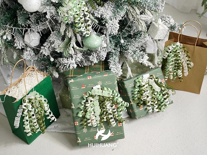 HUIHUANG Curly Bows for Gift Wrapping 7 inch Sage Green/Moss/Ivory Gift Bow with Self Adhesive & Twist Tie Ribbon Bows for Presents, Gift Basket, Wedding Decor, Baby Shower- 6 Counts
