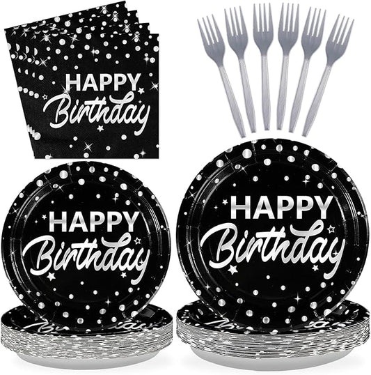 Grencian 96Pcs Black and Silver Birthday Party Decorations Silver Polka Dots on Black Paper Plates and Napkins Disposable Tableware for Women Men Birthday Party Graduation Decorations 2026 Serve 24