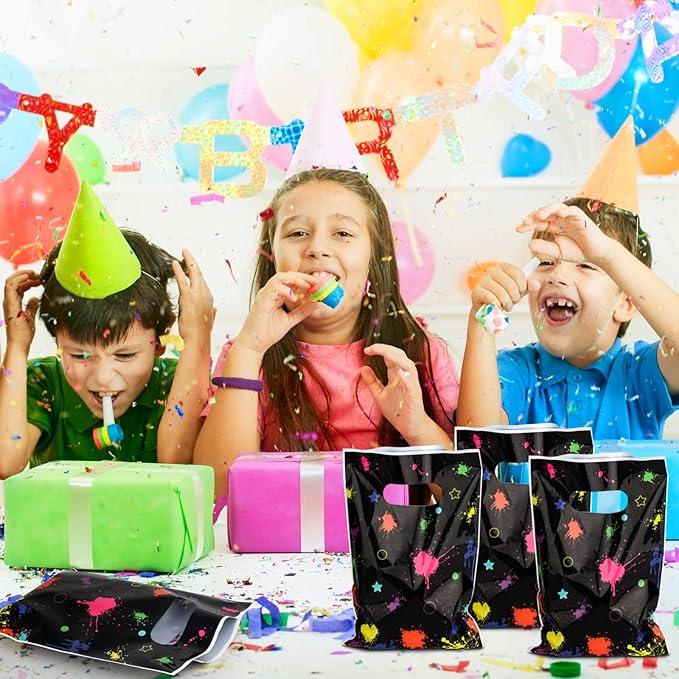 Hxezoc 50 Pieces Neon Candy Bags Glow in The Dark Goodie Bag Plastic Colorful Treat Bags Neon Gift Wrap with Handles Favor Bags For 80's 90's Birthday Party Decoration Supplies