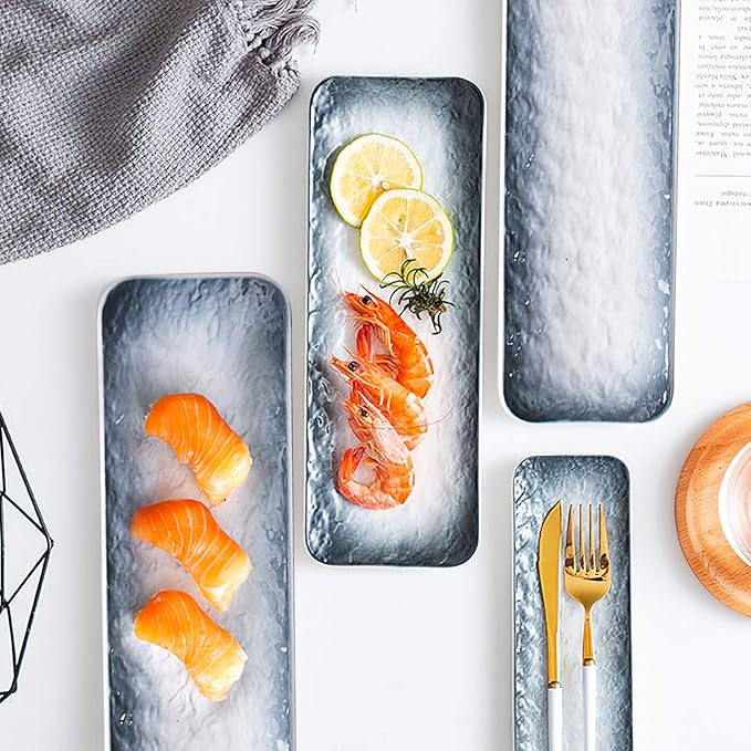 Eglaf 11.5'' Ceramic Platters - Rectangular Embossed Texture Sushi Plates - Party Porcelain Serving Trays for Appetizer, Dishes Decoration, Entertain Guests (Set of 3-Gray)