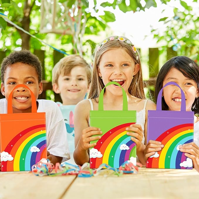 Kajaia 32 Pcs Rainbow Party Favor Bags Rainbow Goodie Bags Reusable Non-woven Pouches with Handle for Baby Shower Birthday Party Supplies, 8 Colors