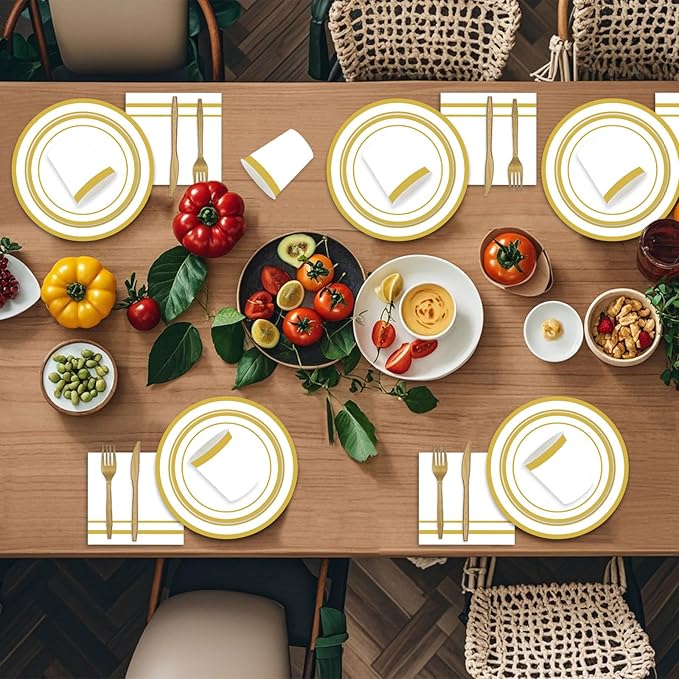 144PCS White and Gold Plates and Napkins Party Supplies Gold Disposable Dinnerware Set Include Golden Paper Dinner Dessert Plates Napkins Cups Cutlery for Birthday Wedding Bridal Shower Decor Serve 24