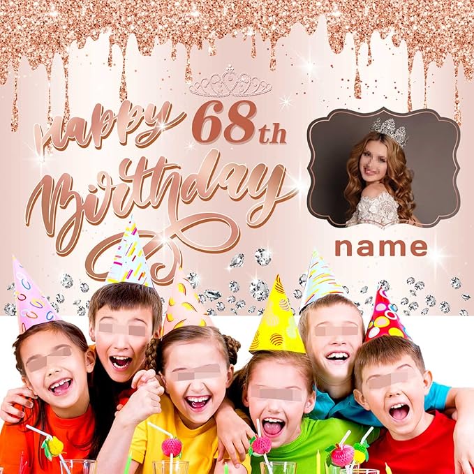 Customizable Rose Gold Happy 68th Birthday Decoration Banner - Personalized with Name and Photo