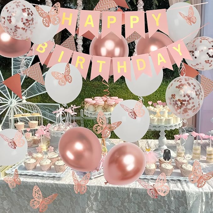 Rose Gold Birthday Decorations Women, Happy Birthday Banner for Girls Party Decorations with Balloons, Pennant Banner Flags and Rose Gold Butterfly Decorations