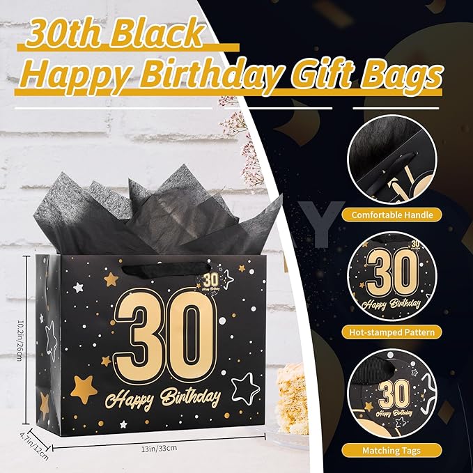 Powbrace 13" Black 30th Birthday Gift Bag with Tissue Paper and Greeting Card for Party,Happy Birthday Gift Bag for Men Women,Gift Bags Medium size(1 Black 30th)