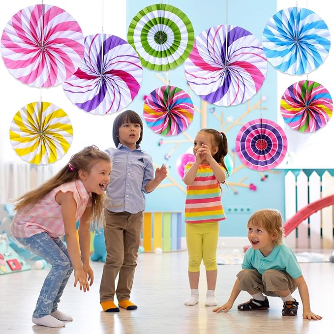 Outus Hanging Paper Fans Decorations Candy Party Classroom Decoration Colorful Peppermint Candy Paper Fan Ceiling Wall Garland for Candyland Themed Birthday Party Supplies(18 Pcs,Classic)
