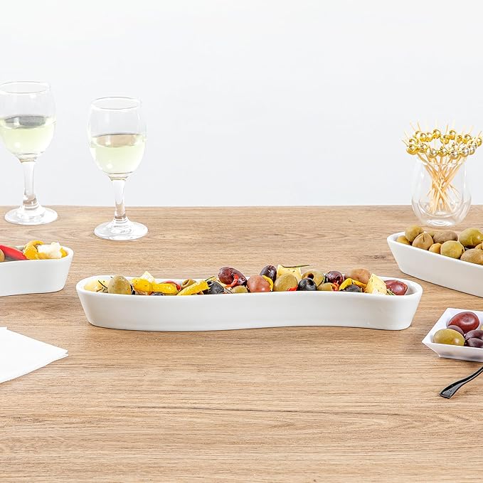Restaurantware Swerve 10 Ounce Olive Plate 1 Curved Olive Tray - Medium Chip Resistant White Porcelain Olive Canoe Dishwasher Safe For Snacks Condiments Or Appetizers