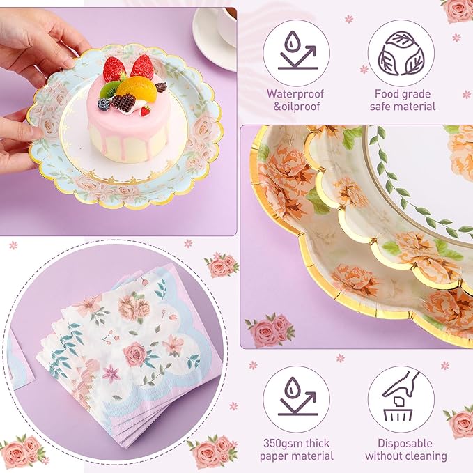 144 Pcs 48 Guests Floral Party Plates and Napkins Vintage Scalloped Floral Paper Plates Napkins Disposable Tableware for Birthday Bridal Baby Shower Wedding Decorations Tea Party Supplies