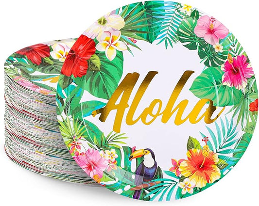 Whaline Paper Plates, 9 Inch Disposable, Tropical Hawaiian Luau Design, 40Pcs, Summer Party, Baby Shower, Birthday Decorations