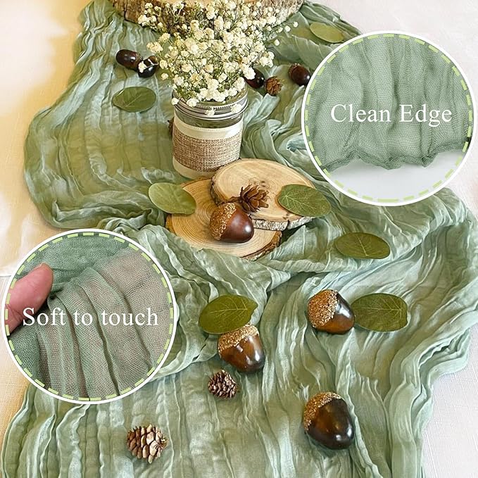 Sage Green Cheesecloth Table Runner 10FT Rustic Sheer Gauze Table Runners 120 Inch Boho Cheese Cloth Table Decorations for Wedding Bridal Spring Baby Shower Home Decor