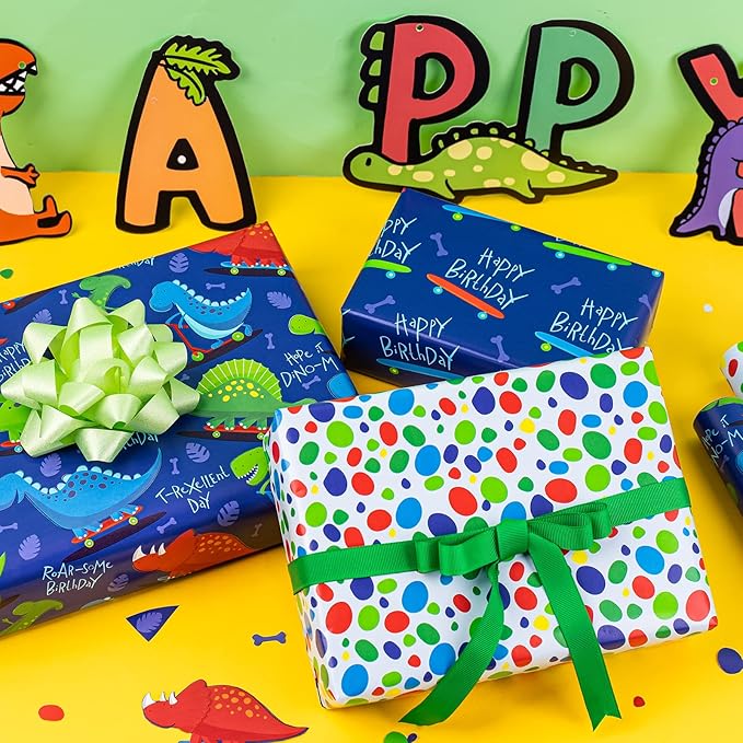WRAPAHOLIC Dinosaur Wrapping Paper Roll - Mini Roll - 3 Rolls - 17 Inch X 120 Inch Per Roll - Happy Birthday Dinosaurs Design for Kids Birthday, Baby Shower