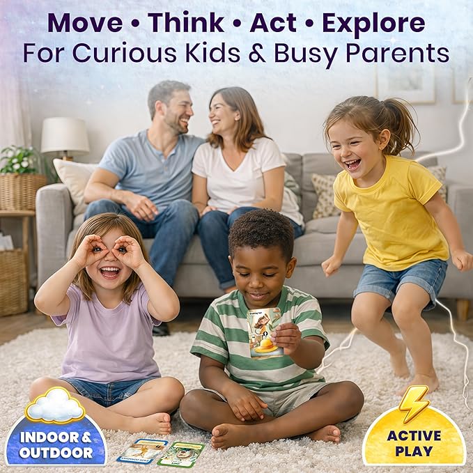 QUOKKA Kids Card Game Set Ages 4–8 – 4 Games in 1 Box with 450 Tasks, Scavenger Hunt, Charades, and Animal Movement Games for Indoor & Outdoor Family, Home & Classroom Play