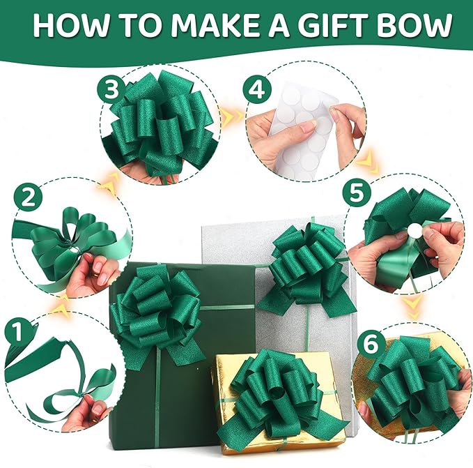 20 pcs Green Pull Bow for Gift Basket Wrapping Xmas Gift Bows Presents Adhesive Wrap Ribbon Bow for Christmas Tree Ornament Wine Bottles Bouquet Flower Valentine's Day Party Decor (Green-L)