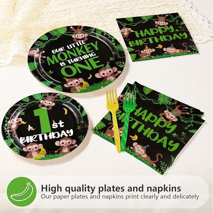 96Pcs Wild One Birthday Decorations Monkey One Years Old Plates and Napkins Safari Jungle 1st Tableware Set for Boys First 1st Safari Wild Jungle Animal Birthday Baby Shower Party Supplies Serves 24