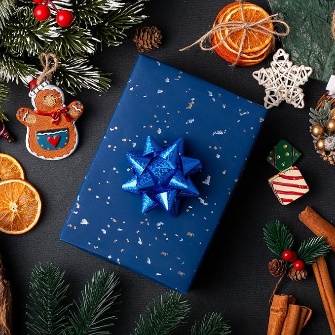 MAYPLUSS Navy Blue Wrapping Paper Roll - 17Inch x 16.5Feet - Masculine Black Gold Shiny Flakes on Matte Dark Navy Blue Heavy Gift Wrap Paper w/Silky Touch for Father's Day, Birthday, Holiday, Christmas