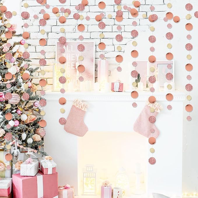 Outus 5 Pieces Rose Gold Round Dots Garland Graduation Party Hanging Decor Each Length 13.1ft Glitter Paper Dot Streamers for Birthday Wedding Classroom Supplies (Champagne)