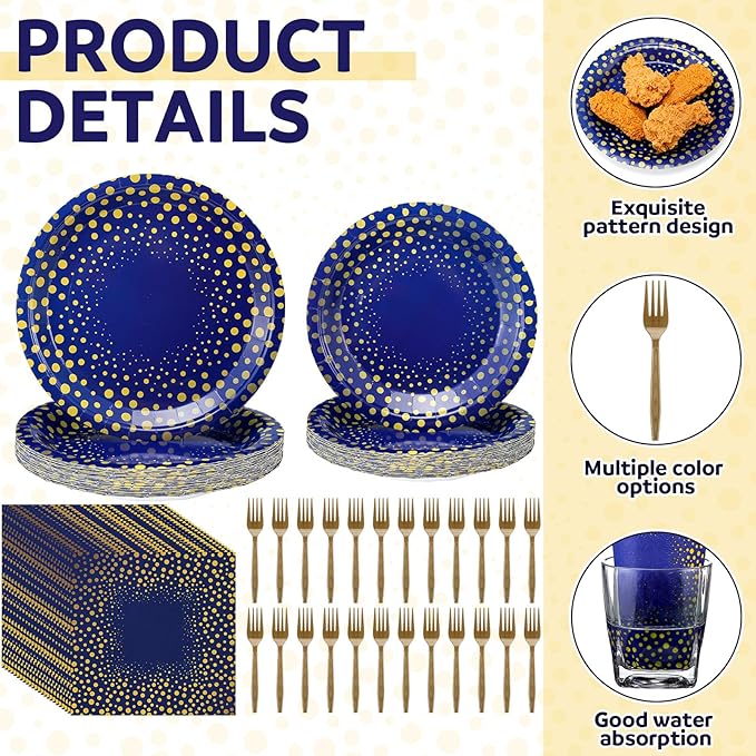 Yungyan 96 Pcs Blue and Gold Party Supplies Disposable Tableware Set Include 24 Dots on Blue Paper Napkins 24 Large Plates 24 Small Plates 24 Forks for Graduation Birthday Party Decorations