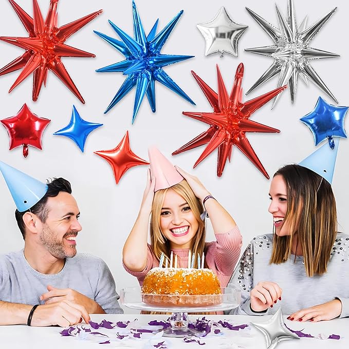 TONIFUL 22Inch 15Pcs Red Blue Silver Explosion Star Balloons and 10Inch Four Pointed Star Balloons Set for Christmas New Year Birthday Wedding Bridal Shower Independence Day Anniversary Supplies