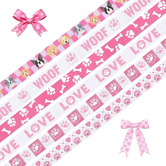 6 Roll Dog Paw Print Ribbon, 3/8 Inch x 30 Yard Pink Checkered Ribbons, Pet Grooming Gift Wrap Grosgrain Ribbons, White Love Print Ribbon for Pet Lover Animal Cat Themed Party Favor Decor