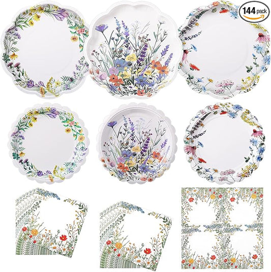 144 Pcs 48 Guests Wildflower Party Plates and Napkins Wildflower Paper Plates Napkins Wild Flower Floral Disposable Tableware for Baby Bridal Shower Wedding Birthday Garden Tea Party Supplies